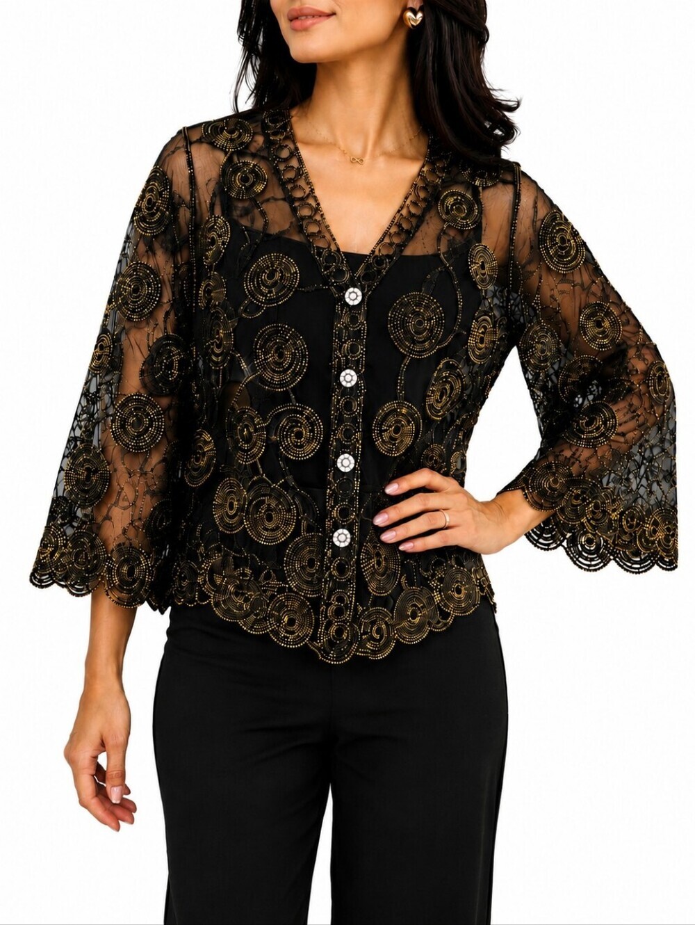 Black Mesh Sheer Mesh Gold Embroidered Crystal Button Elegant Layer Jacket Top